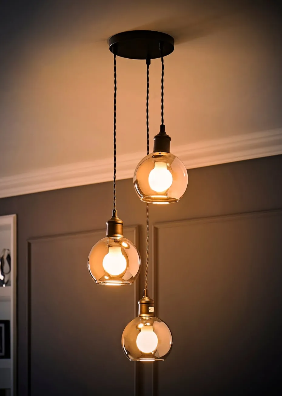 ValueLights Bellamy Smoked Glass Globe 3 Drop Cluster Matte Black Ceiling Pendant Light