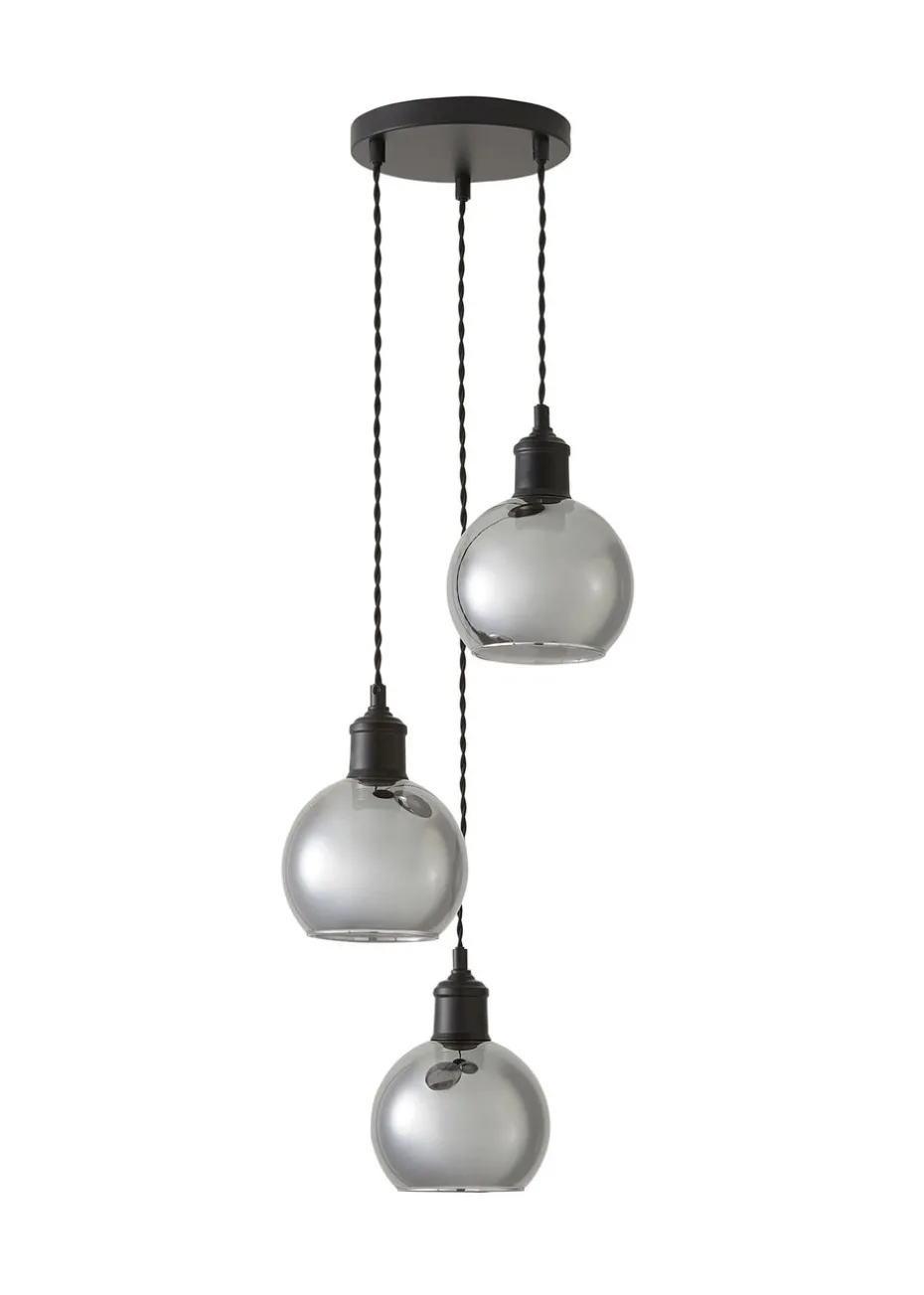 ValueLights Bellamy Smoked Glass Globe 3 Drop Cluster Matte Black Ceiling Pendant Light