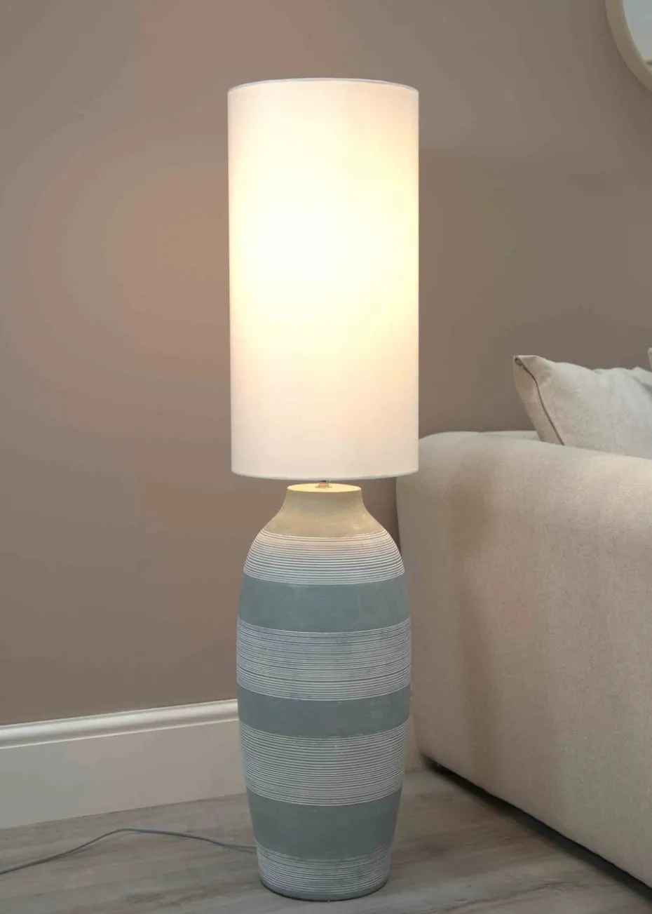 ValueLights Deegan Cement Effect Grey Floor Lamp with Cream Drum Shade
