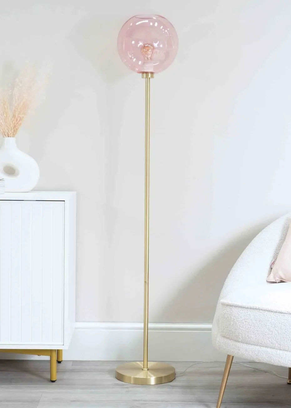 ValueLights Frenchie Gold Floor Lamp with Pink Globe Shade (150cm x 25cm x 25cm)