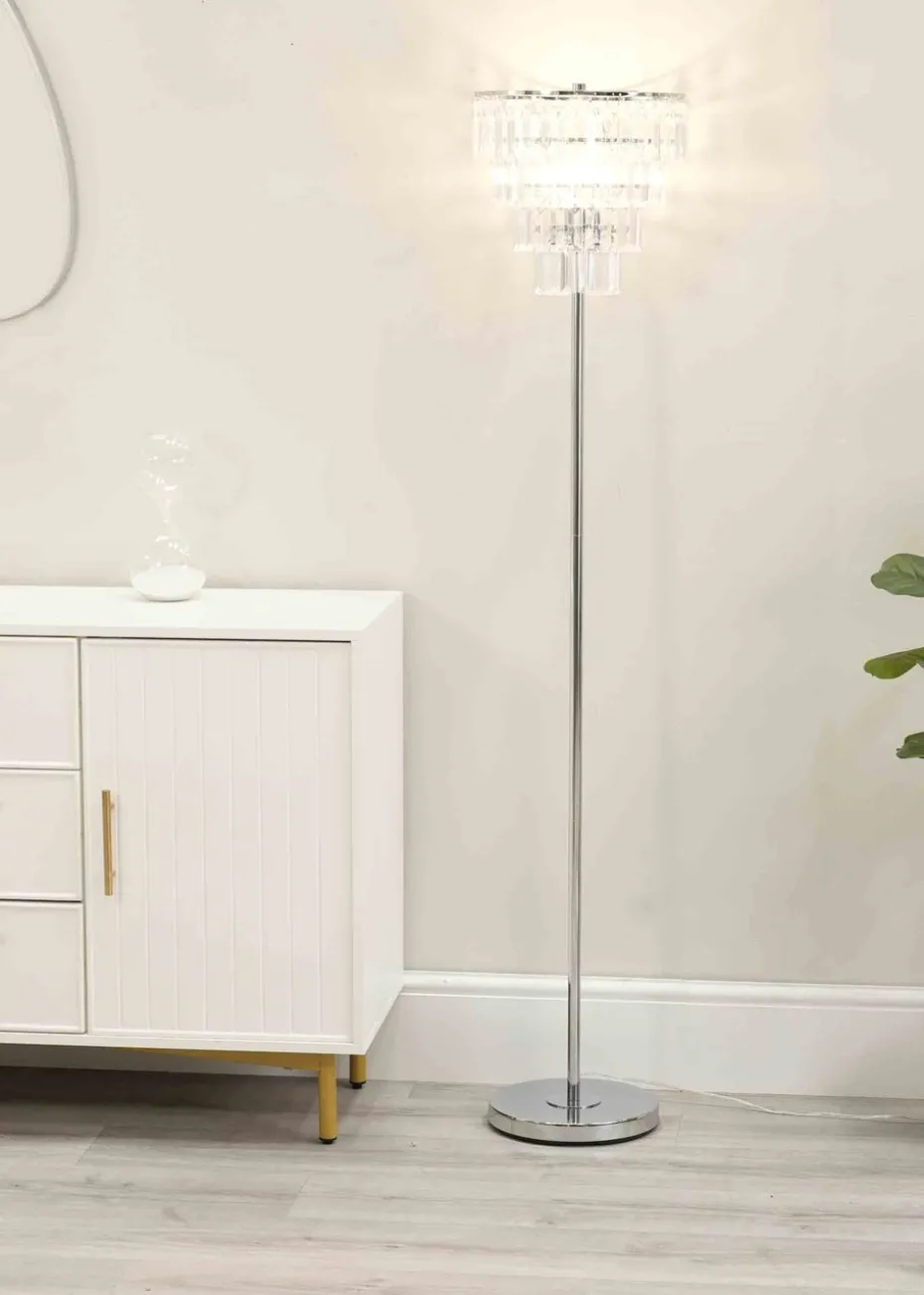 ValueLights Kelsks Chrome Floor Lamp with White Tiered Shade (150.5cm x 30cm x 30cm)