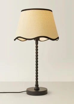 ValueLights Maeve Natural Scallop Black Trim Drum Shade Bobbin Bobble Table Lamp