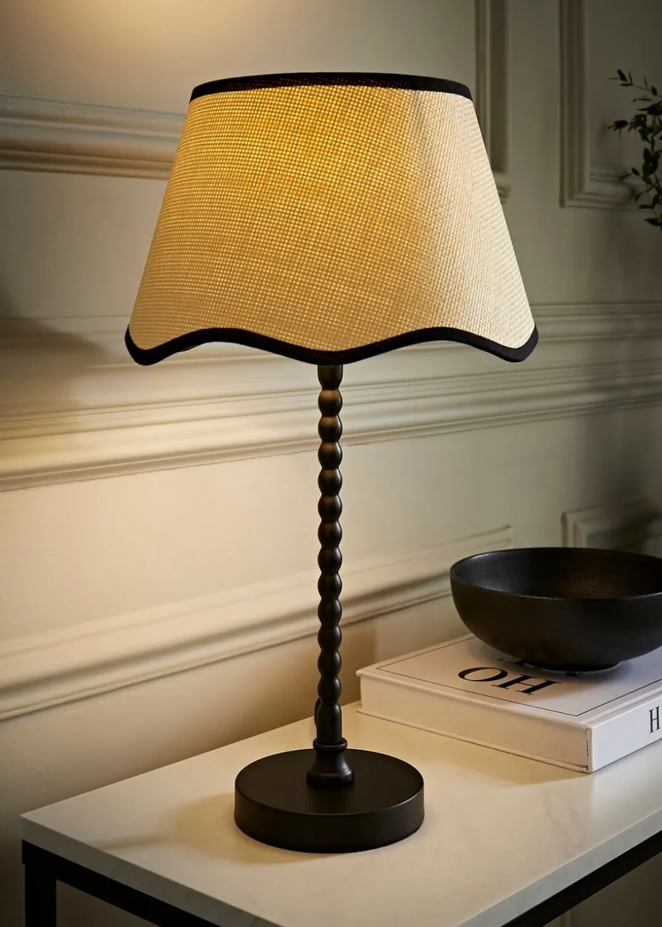 ValueLights Maeve Natural Scallop Black Trim Drum Shade Bobbin Bobble Table Lamp