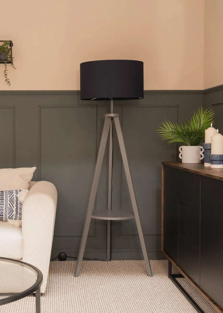 ValueLights Morrigan Grey Wood Tripod Floor Lamp Navy Shade (147cm x 45cm)