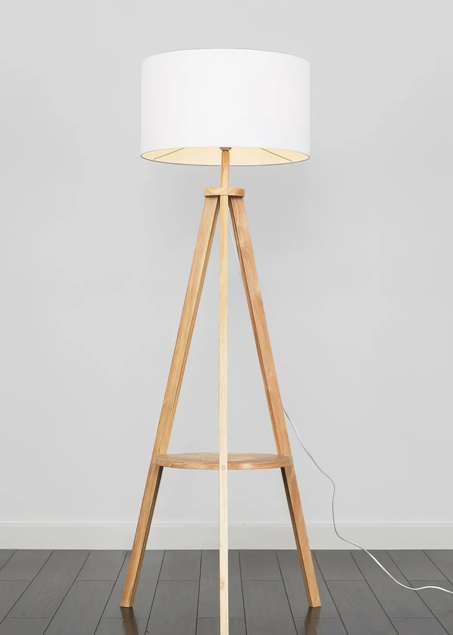 ValueLights Morrigan Light Wood Tripod Floor Lamp White Shade (147cm x 45cm)