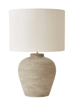 ValueLights Reid Linen Drum Shade Ribbed Ceramic Large Table Lamp