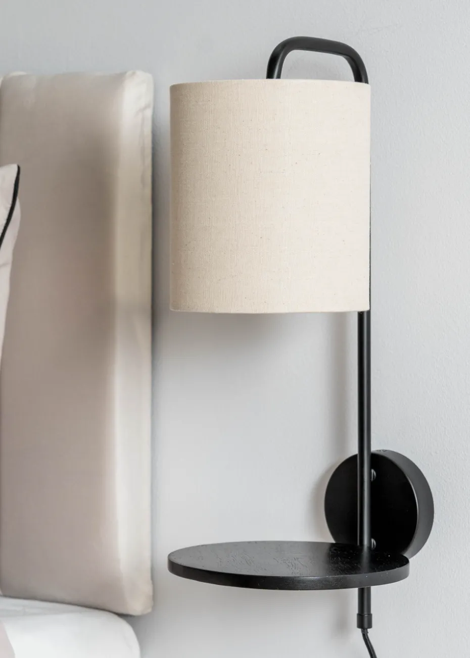 ValueLights Ryan Natural Linen Lamp Shade Metal Wall with Black Wood Shelf