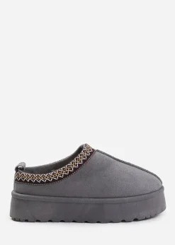 Where's That From Allegra Grey Faux-Suede Embroidered Ankle Slipper Boots