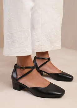 Where's That From Black Peru Low Ankle Strap Block Heels