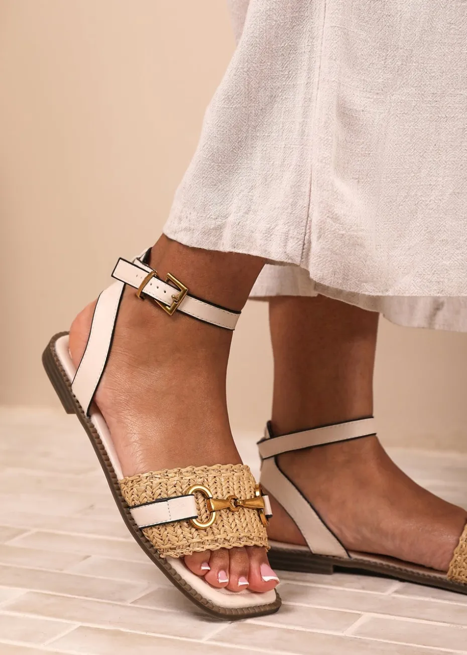 Where's That From Cream PU Catelyn Straw Detail Strap Sandals