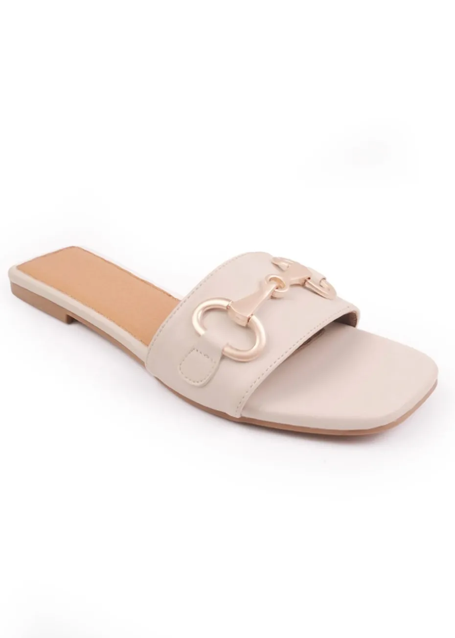 Where's That From Cream Pu Orca Flat Sandals With Buckle Detail