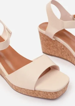 Where's That From Cream PU Giselle Wide-Fit Wedge Sandals With Buckle-Ankle-Strap