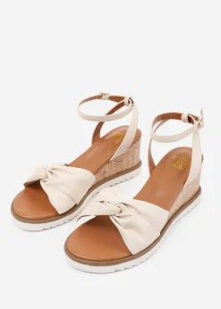 Where's That From Cream-PU Katara Wide-Fit Knot Detail Wedge Shoes