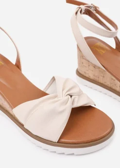 Where's That From Cream-PU Katara Wide-Fit Knot Detail Wedge Shoes