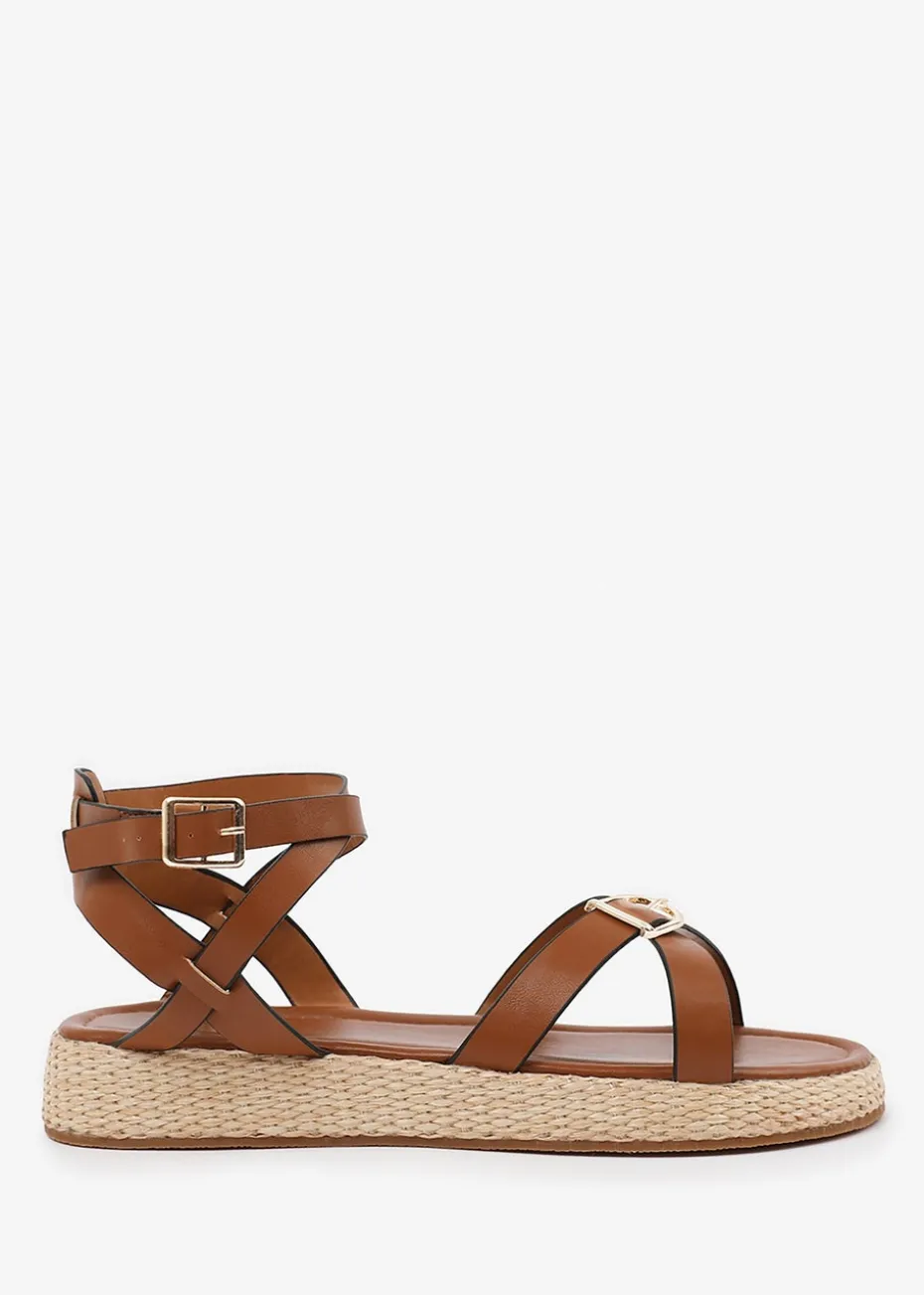 Where's That From Tan PU Alora Cross-Over Buckle Strap Sandals