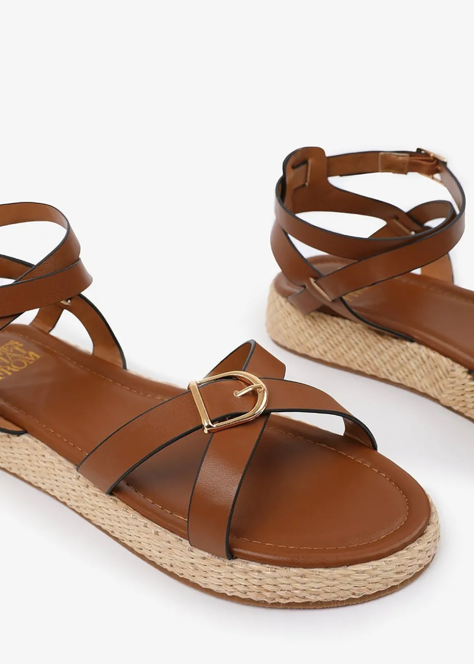 Where's That From Tan PU Alora Cross-Over Buckle Strap Sandals