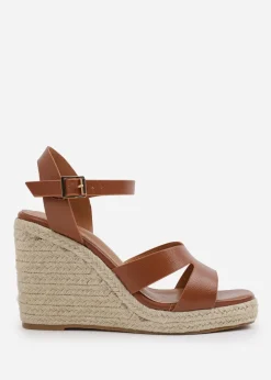 Where's That From Tan-PU Wide-Fit Black PU Sansa Wedge Shoes