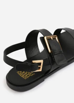 Where's That From Wide-Fit Black PU Camilla Classic Flat Sandals
