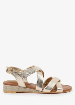 Where's That From Wide-Fit Metallic Gold Violet Low Wedge Shoes
