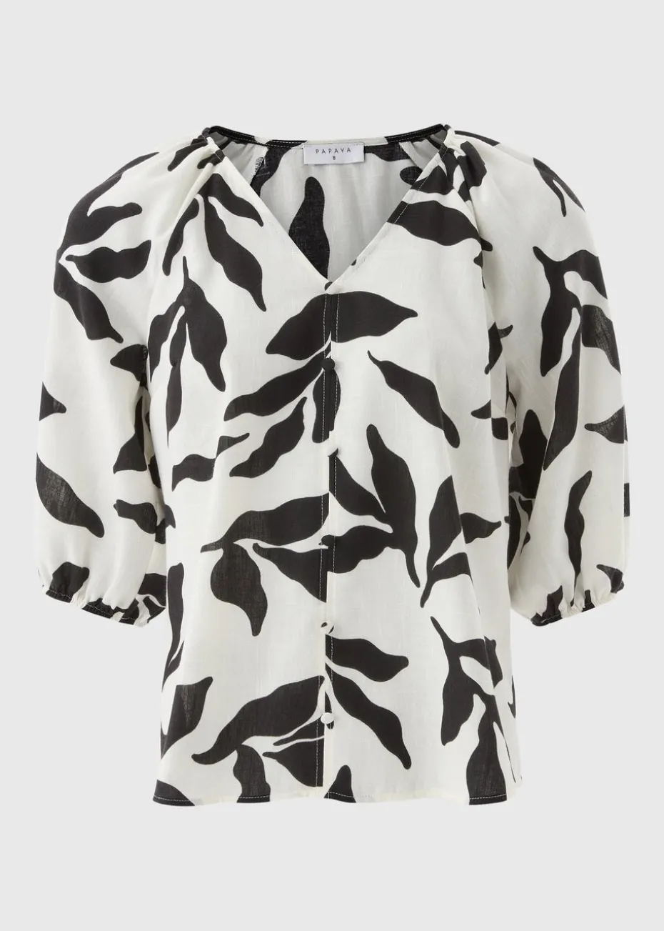 White Monochrome Leaf Tea Blouse