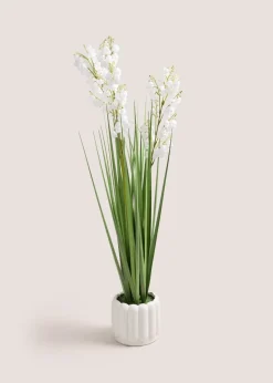 White Tall Grass Flowers In Ribbed Pot (90cm x 24cm x 24cm)
