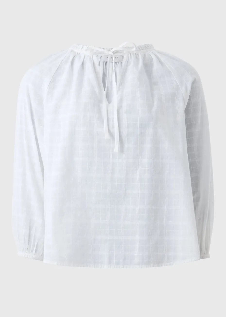 White Textured Tie Neck Blouse