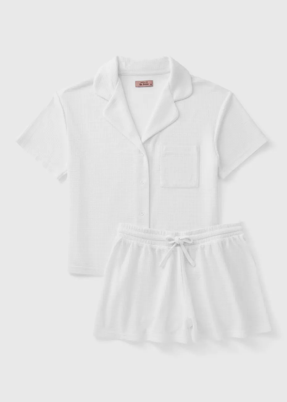 White Waffle Button Short Pyjama Set