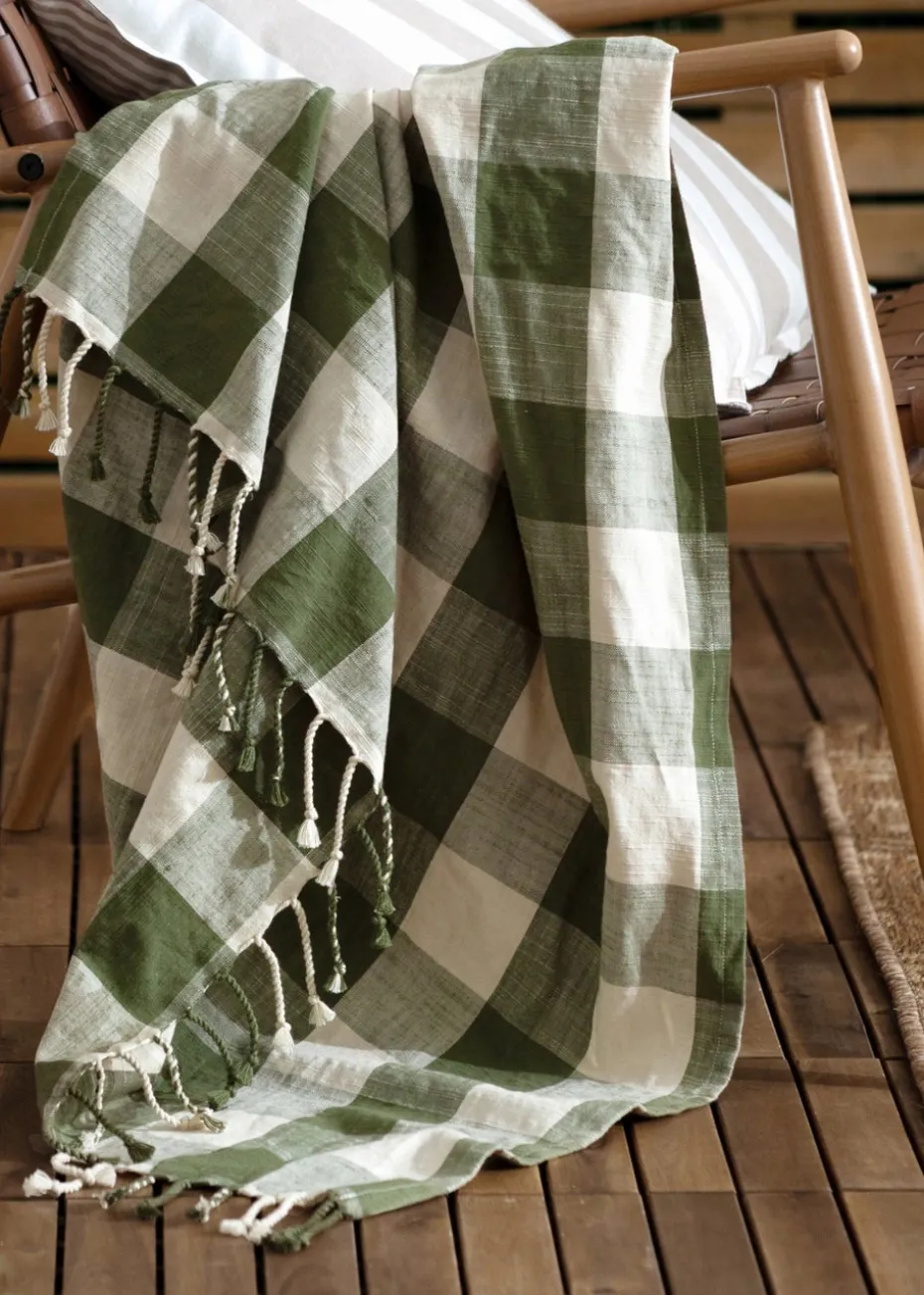 Yard Dark Green Chesil Check Tasselled 100% Cotton Throw