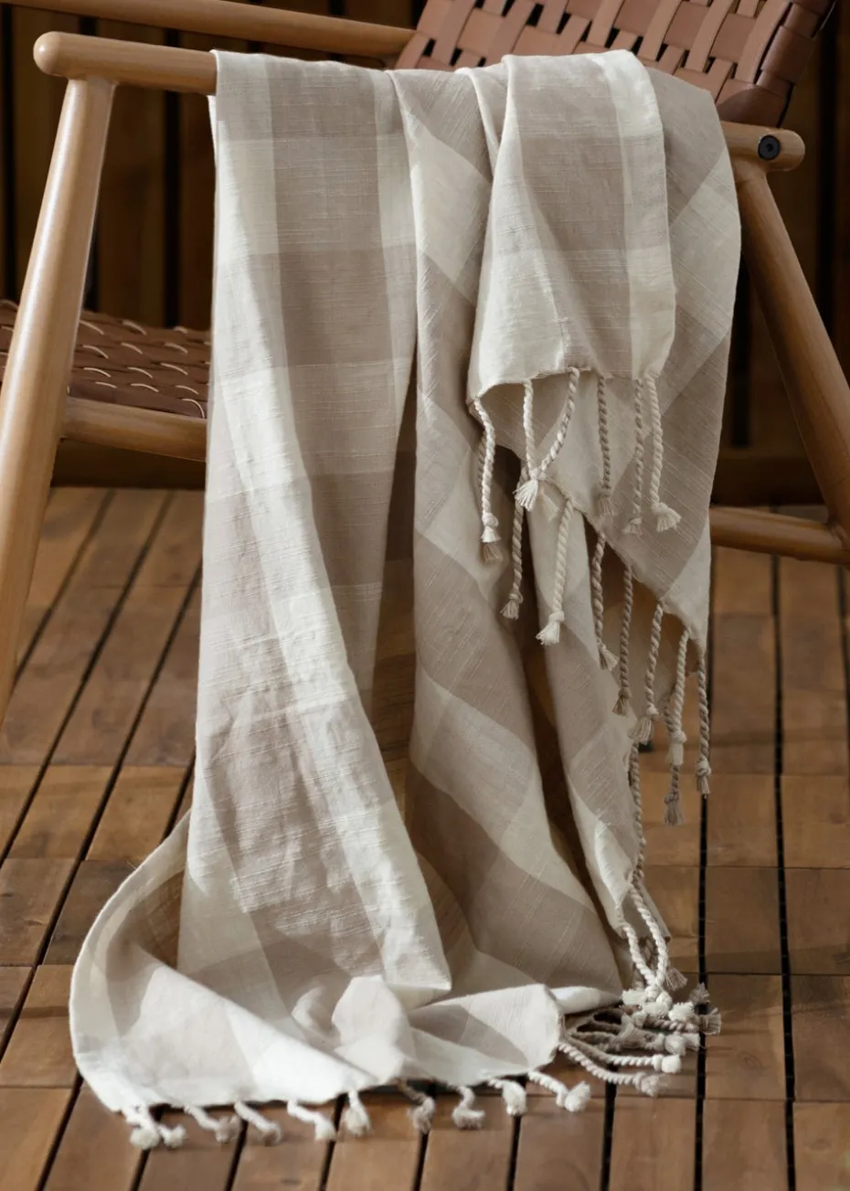 Yard Natural Chesil Check Tasselled 100% Cotton Throw