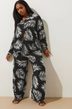 Yours Curve Black & White Palm Print Crinkle Wide Leg Trousers