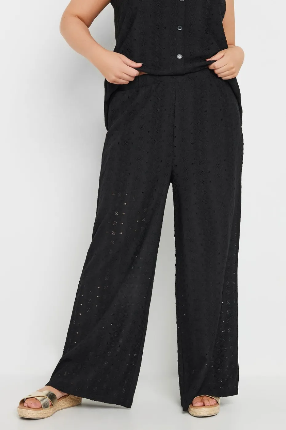 Yours Curve Black Broderie Anglaise Wide Leg Trousers