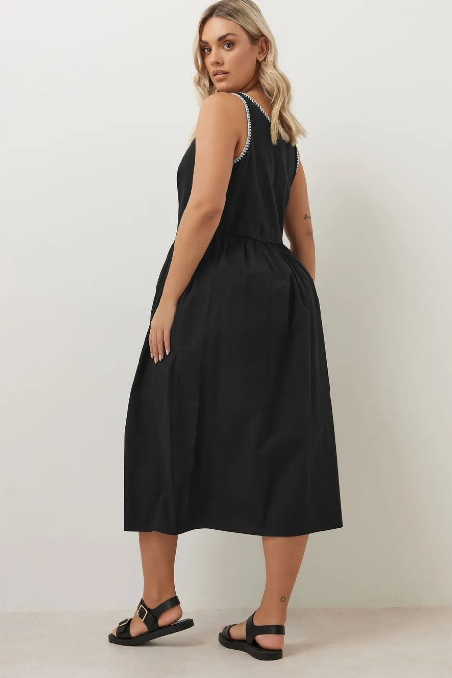 Yours Curve Black Contrast Blanket Stitch Midi Dress