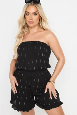 Yours Curve Black Metallic Dobby Bandeau Playsuit