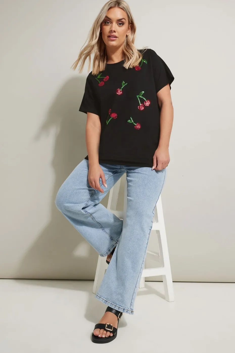 Yours Curve Black Sequin Embellished Cherry T-Shirt