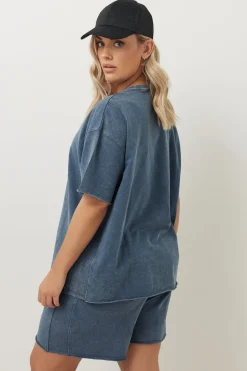 Yours Curve Blue Acid Wash Oversized Sweat T-Shirt
