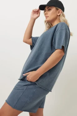 Yours Curve Blue Acid Wash Oversized Sweat T-Shirt