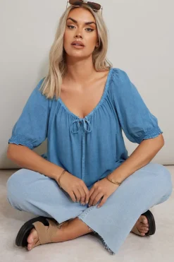 Yours Curve Blue Chambray Tie Neck Top