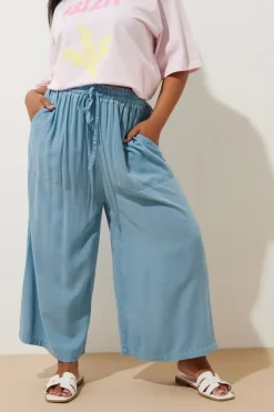 Yours Curve Blue Chambray Tie Front Culottes