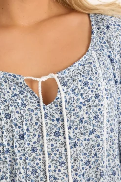 Yours Curve Blue Ditsy Floral Print Tie Neck Top
