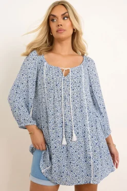 Yours Curve Blue Ditsy Floral Print Tie Neck Top