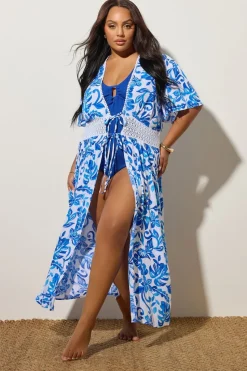 Yours Curve Blue Palm Print Crochet Maxi Kimono