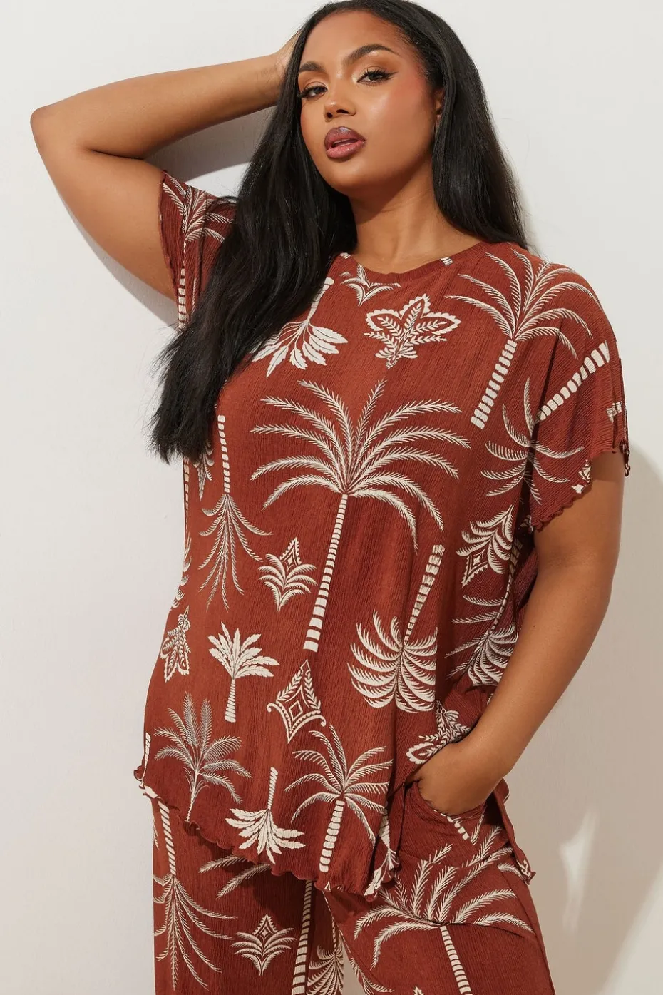 Yours Curve Brown Palm Print Plisse Top