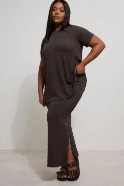 Yours Curve Chocolate Brown Textured Side Split Maxi Skirt