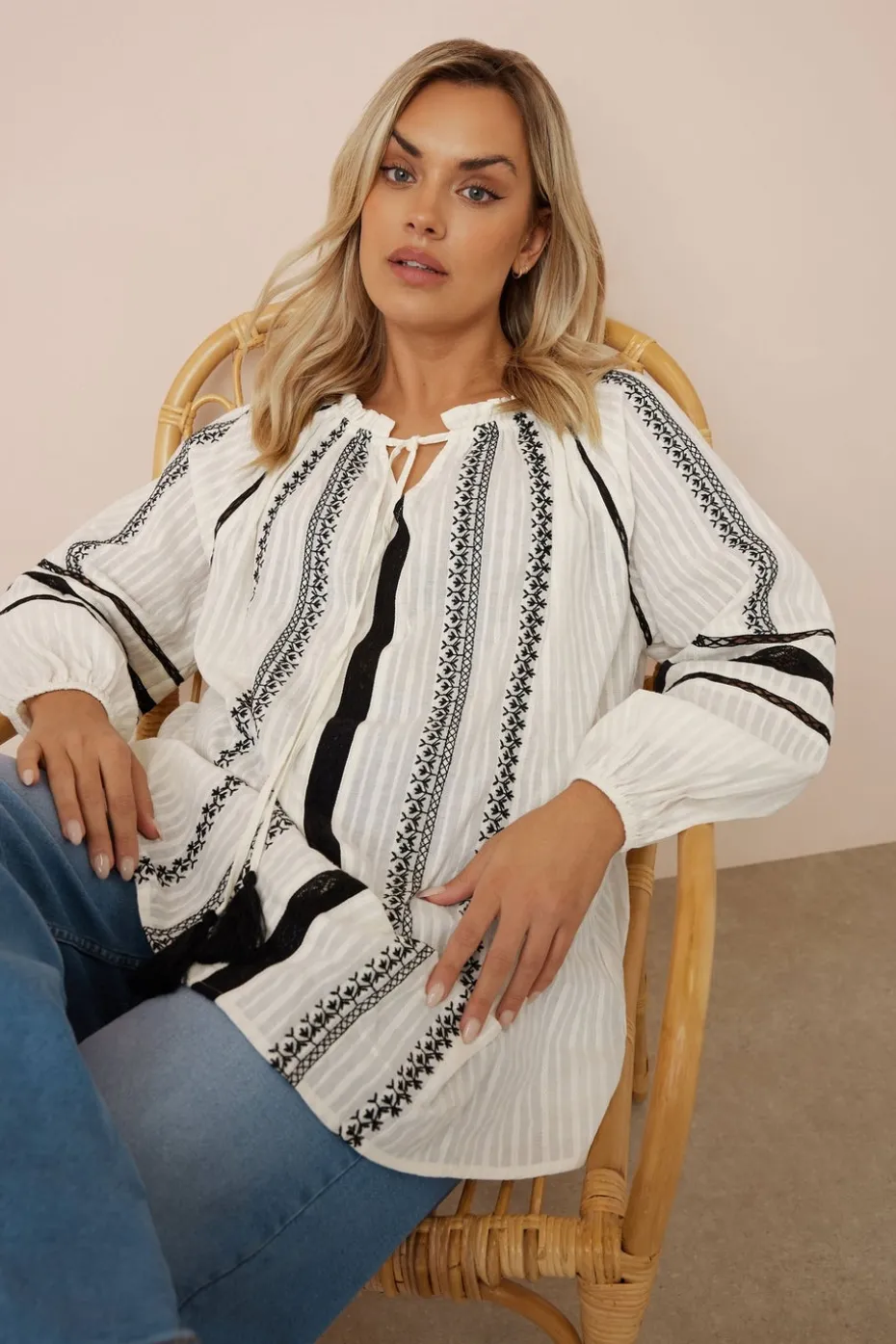 Yours Curve Cream Embroidered Tie Neck Blouse