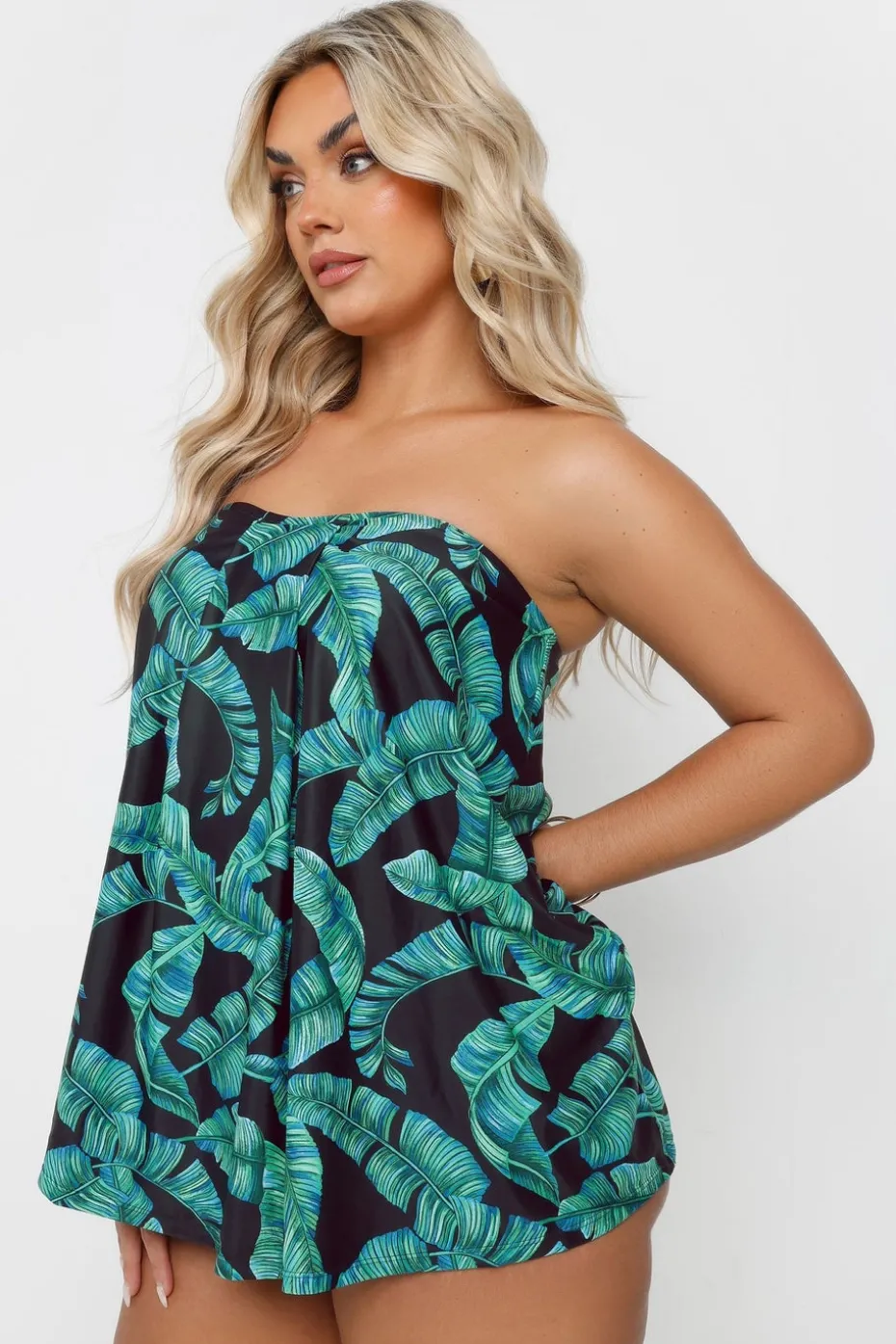 Yours Curve Green Leaf Print Tankini Top