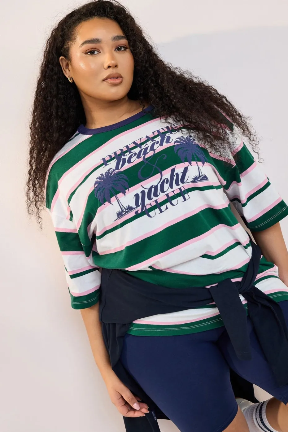 Yours Curve Green 'Beach Club' Slogan Stripe T-Shirt