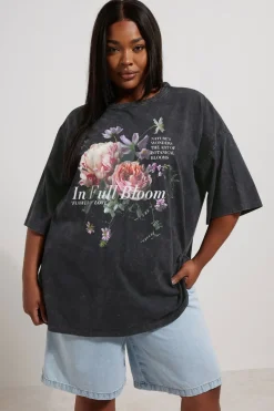 Yours Curve Grey In Full Bloom Acid Wash Oversized T-Shirt