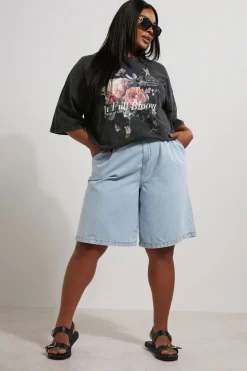 Yours Curve Grey In Full Bloom Acid Wash Oversized T-Shirt