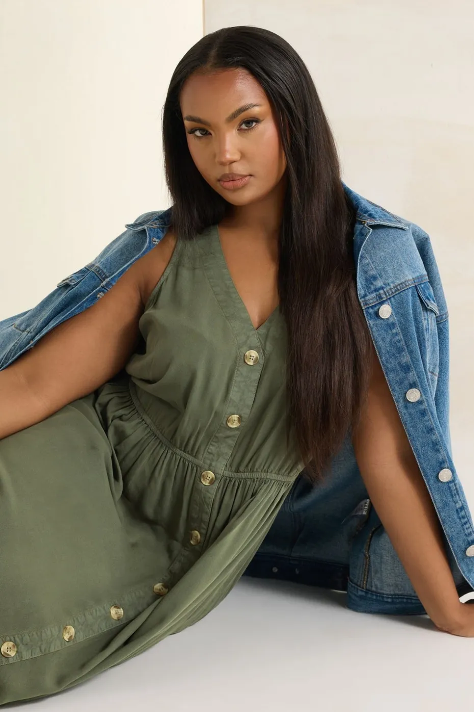 Yours Curve Khaki Green Sleeveless Button Through Chambray Dress