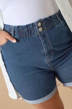 Yours Curve Mid Blue Elasticated Waist Turn Up Denim Shorts